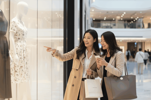 Two smiling Chinese women window shopping at a high-end mall, looking at a store display with vibrant clothing.