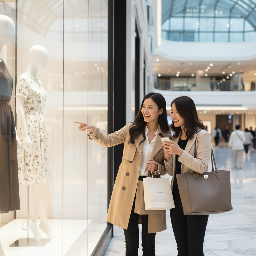 Two smiling Chinese women window shopping at a high-end mall, looking at a store display with vibrant clothing.