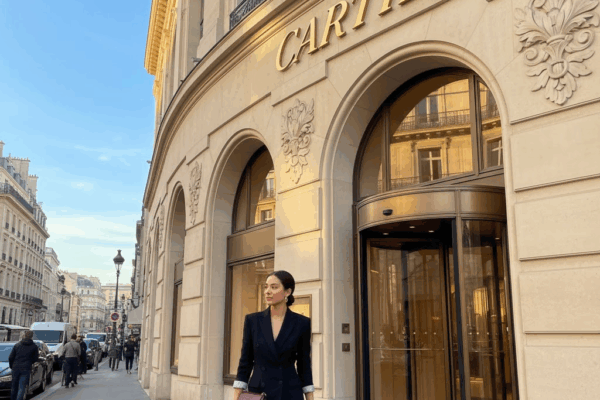 Elegant woman in a black power suit carrying a Cartier shopping bag and a burgundy handbag while walking past the historic Cartier flagship boutique in Paris, France. High-end luxury fashion street style.