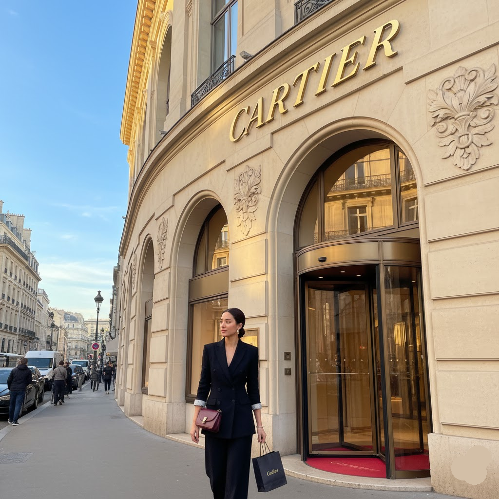 Elegant woman in a black power suit carrying a Cartier shopping bag and a burgundy handbag while walking past the historic Cartier flagship boutique in Paris, France. High-end luxury fashion street style.