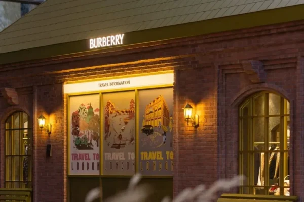 Burberry’s winter holiday pop-up and branded ice rink at Wangfujing in Beijing, featuring the historic Burberry Clock and festive seasonal décor.