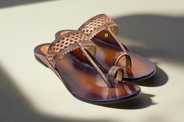 A pair of leather sandals inspired by traditional Indian Kolhapuri chappals