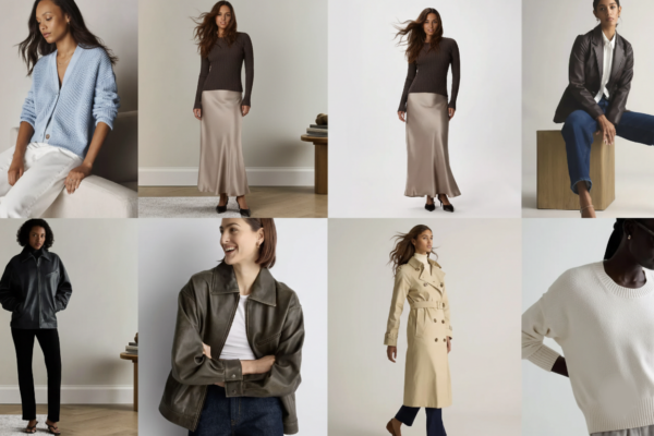 A minimalist fashion flat lay featuring neutral-toned luxury garments, symbolizing the rise of digitally native luxury brands like Quince in a shifting fashion retail landscap