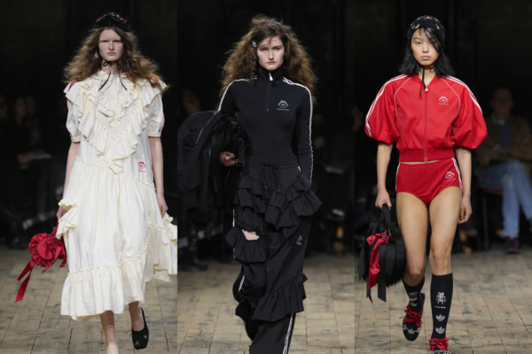 Collage of three Simone Rocha x Adidas runway looks featuring a white ruffled dress, black frilled tracksuit, and red sporty set at London Fashion Week.
