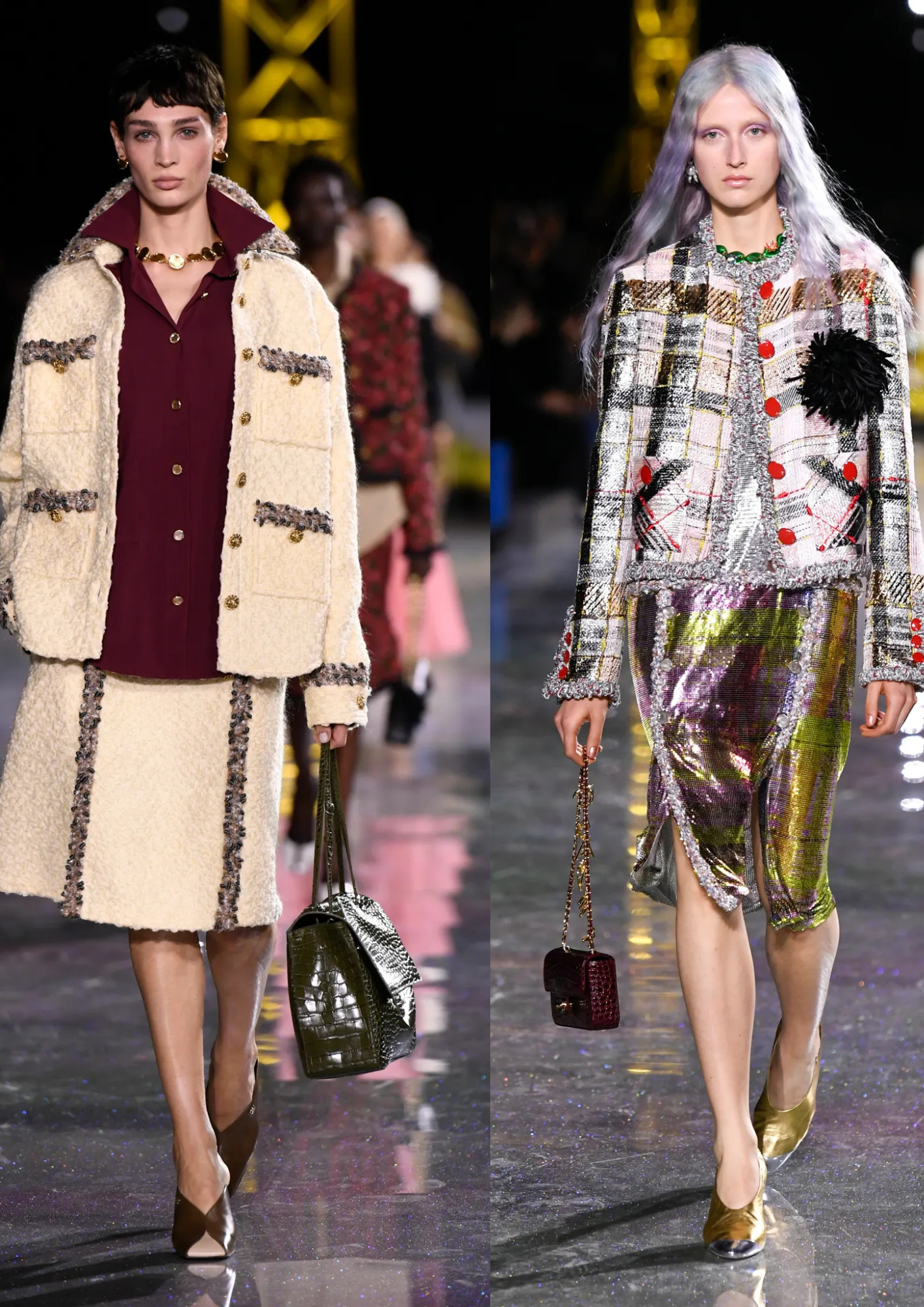 Blazy’s collection revisits Chanel’s signature elements—tweed tailoring, structured jackets, and fluid silhouettes—transforming them through modern materials and subtle shifts in proportion.