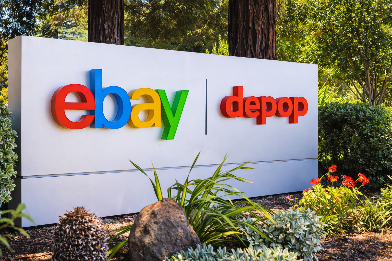 eBay and Depop logos displayed side by side on outdoor corporate signage surrounded by greenery.